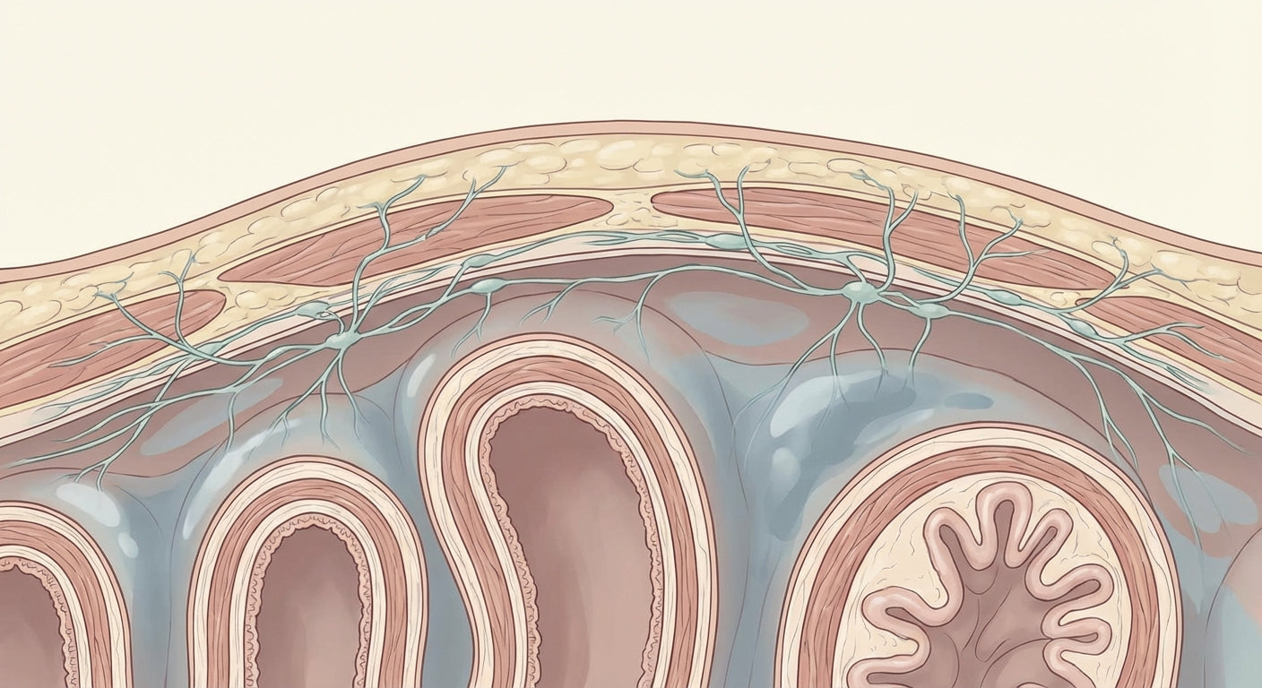 Anatomical cross-section of the abdominal wall showing lymphatic layers and inflammation sites