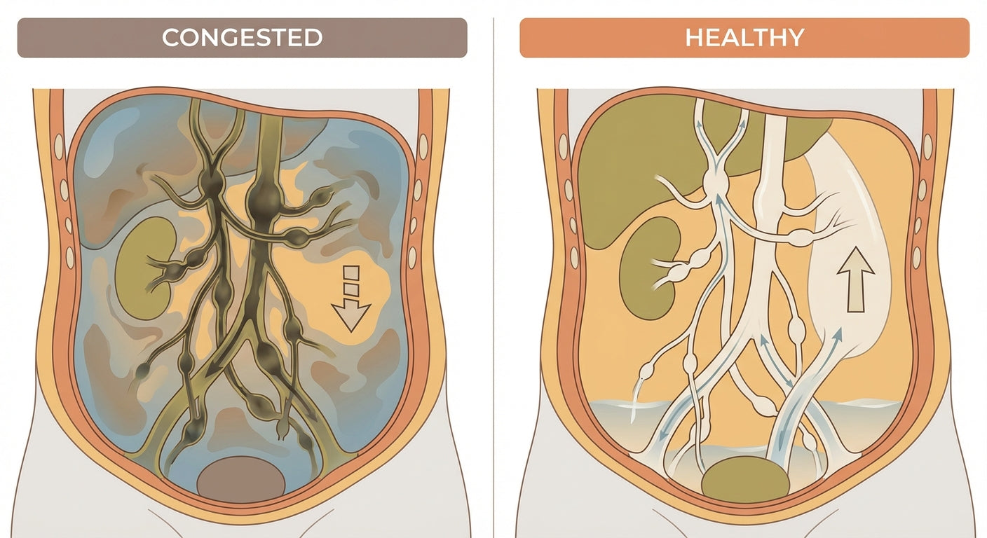 Medical illustration comparing congested abdominal lymphatic vessels (left) to healthy flowing vessels (right)