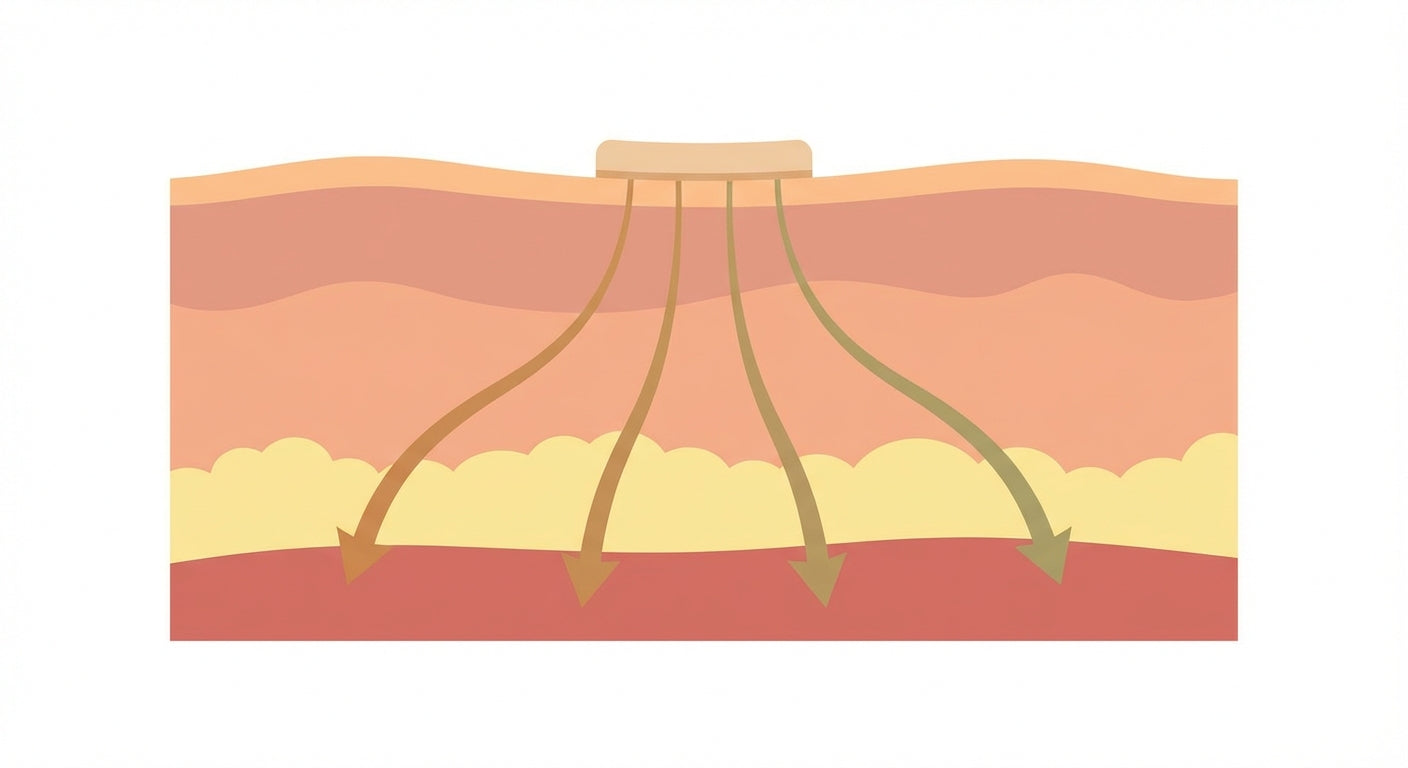 Diagram showing botanical compounds absorbing through skin layers directly into abdominal tissue