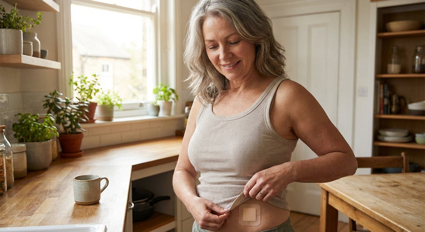 Woman applying Vital6 patch to abdomen during morning routine