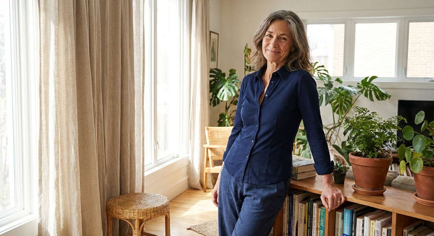 Confident woman in fitted shirt, relaxed and at ease