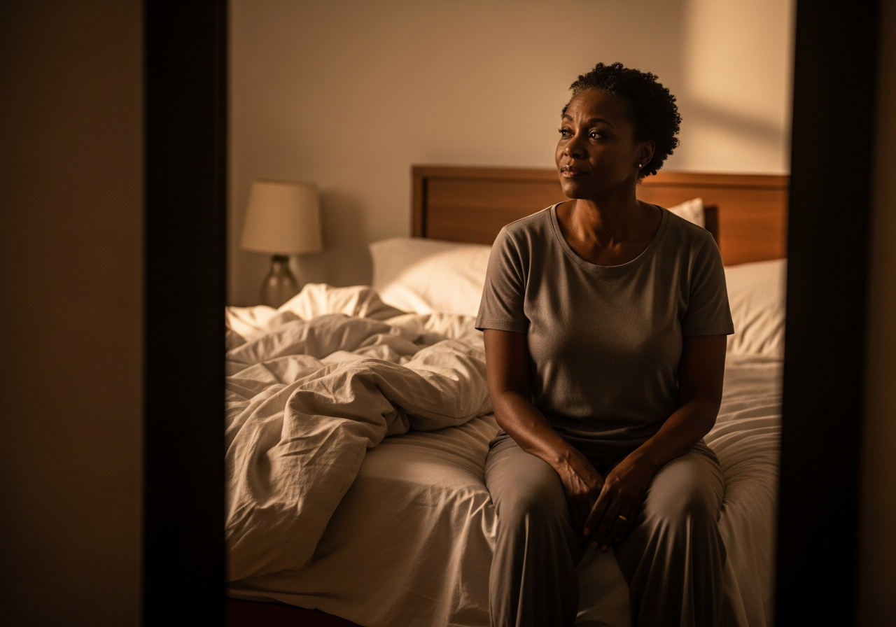 Woman sitting on the edge of a bed in quiet morning light, looking across the room