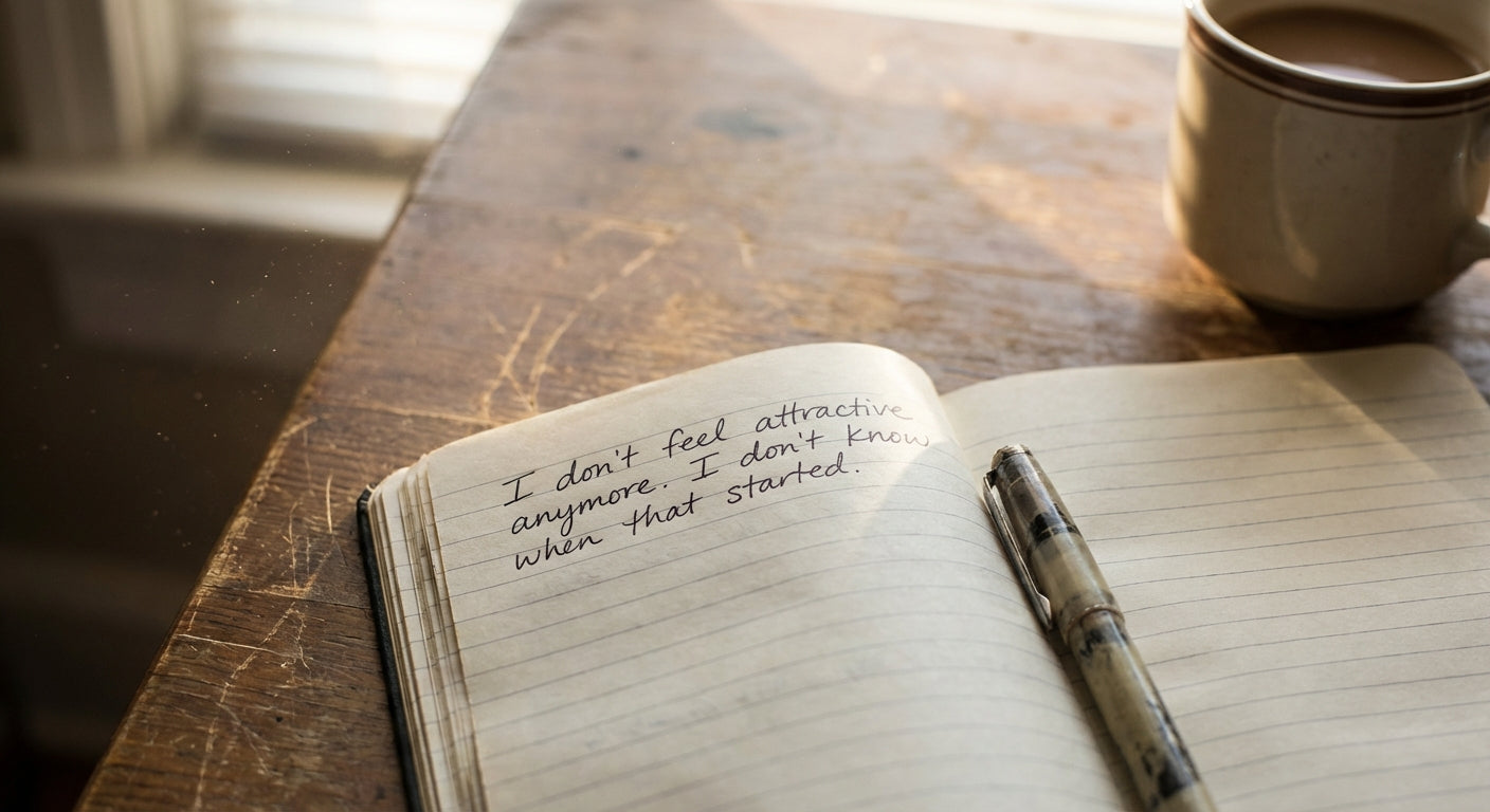 Open journal with handwritten words: I don't feel attractive anymore. I don't know when that started.