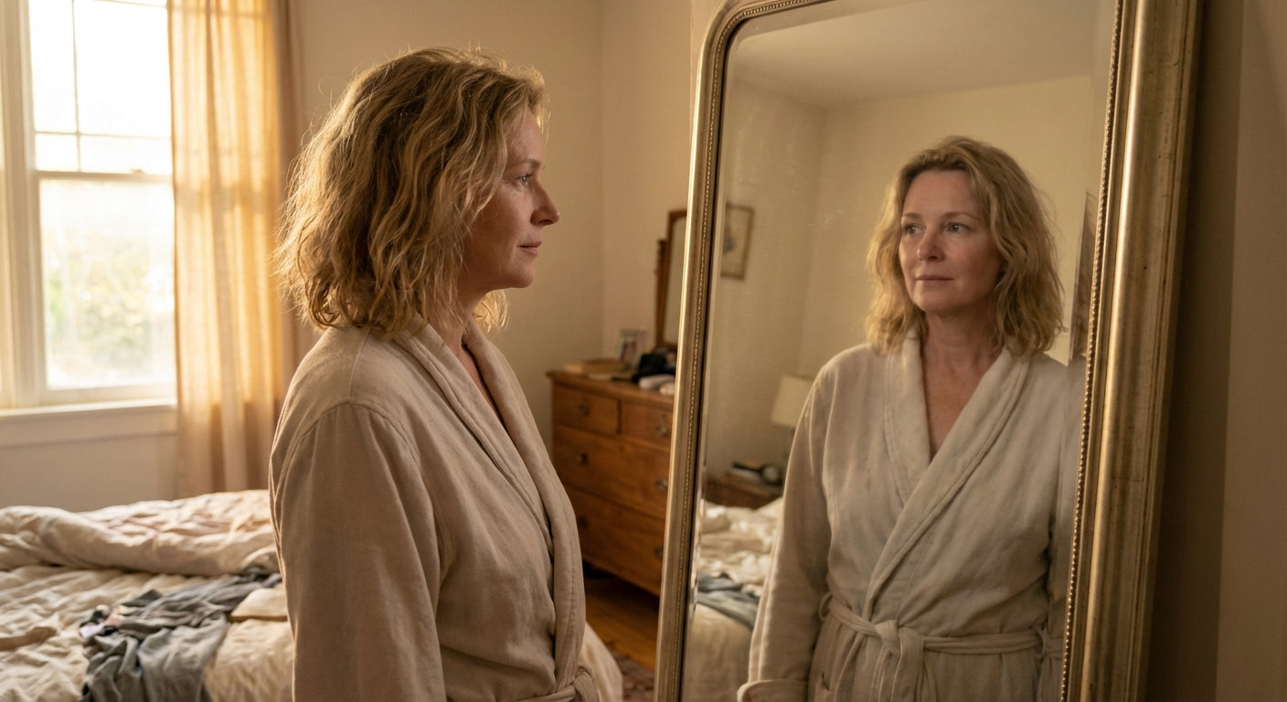 Woman alone in a bedroom in morning light, looking at herself in a full-length mirror