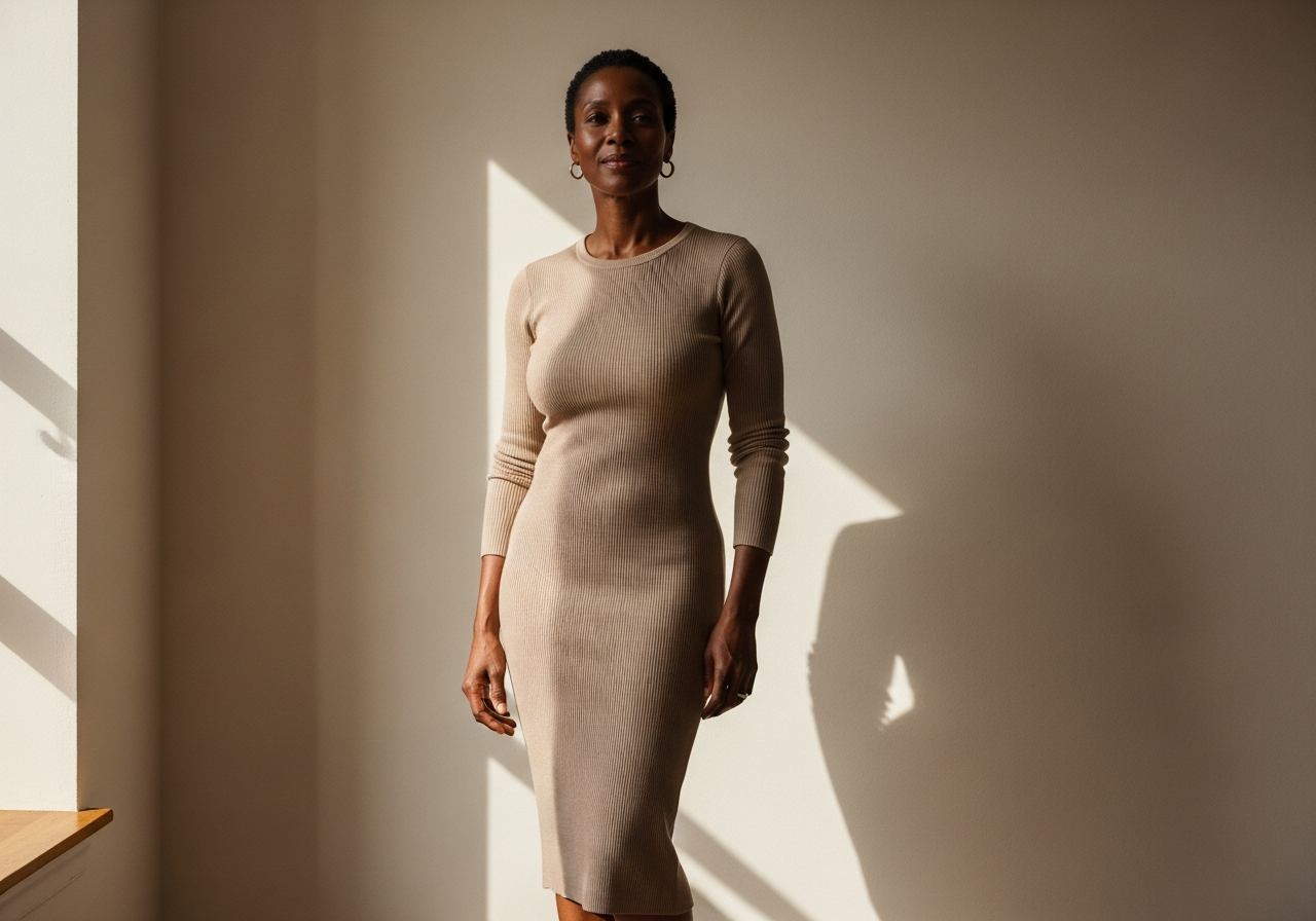 Woman in a fitted dress, relaxed and at ease in natural light