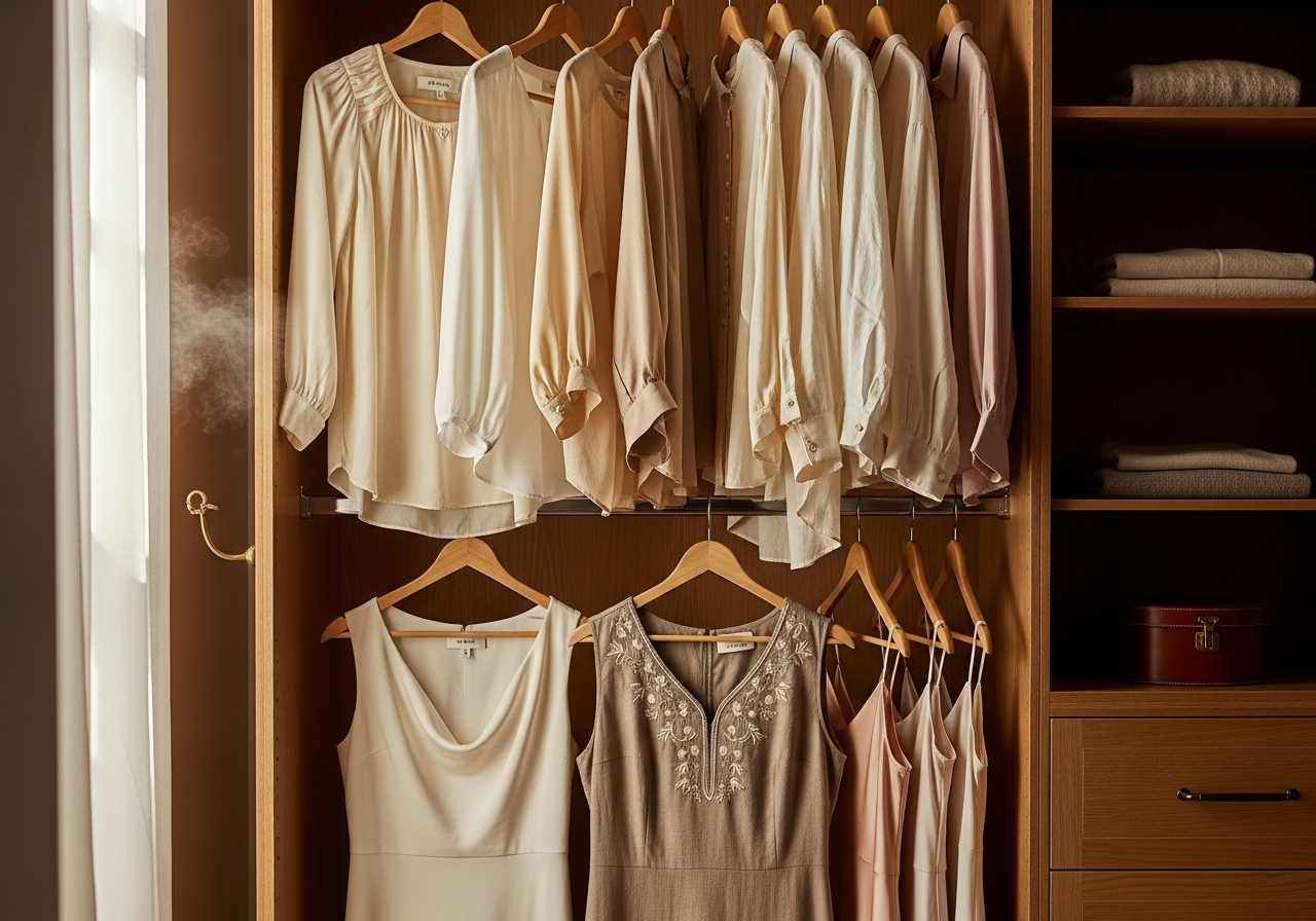 Fitted dresses and soft fabrics in a wardrobe, unworn