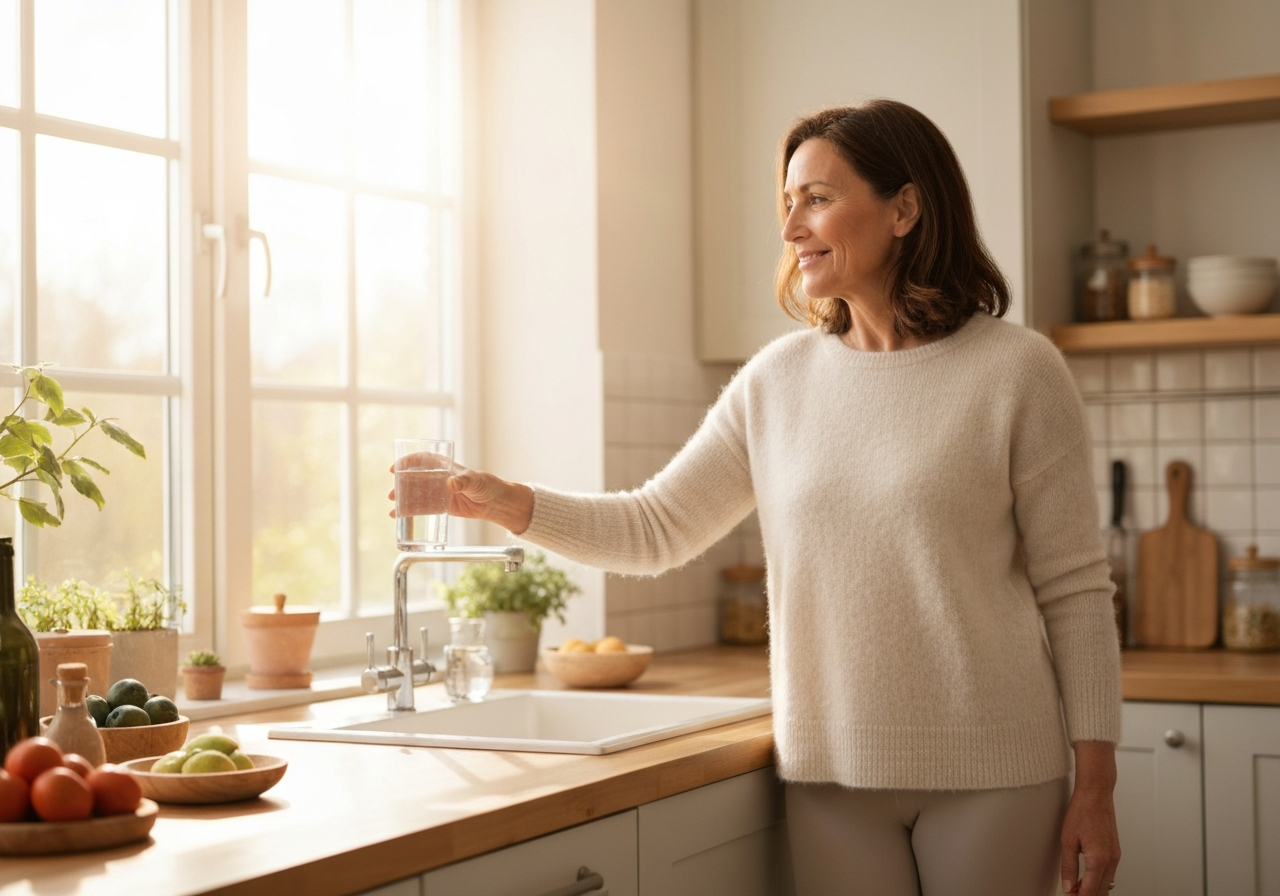 Woman over 40 holding tea in a bright kitchen before coffee