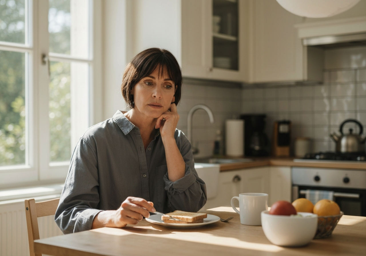 Woman staring at breakfast in a bright kitchen while lost in thought