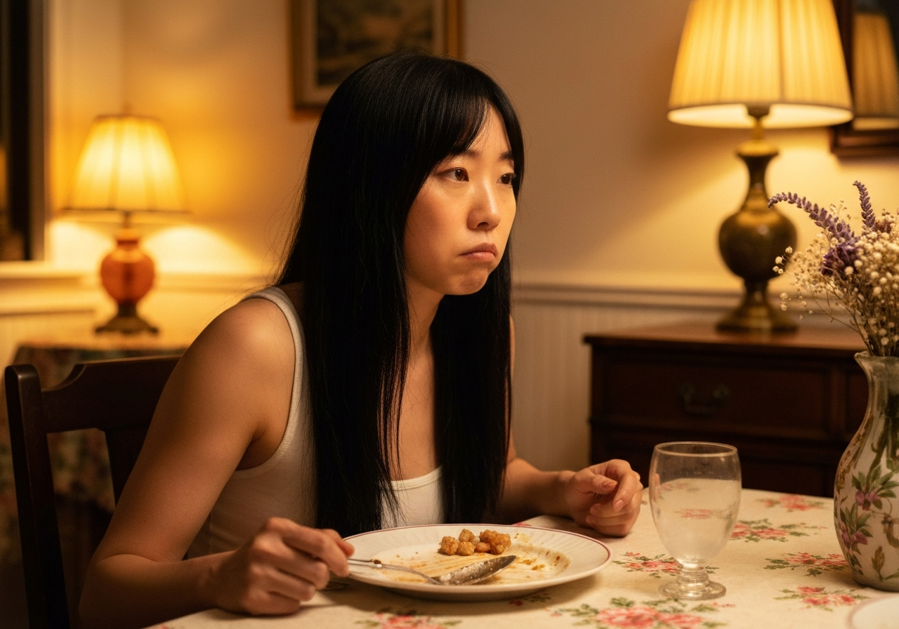 Woman sitting at a dinner table after the meal, still unsettled