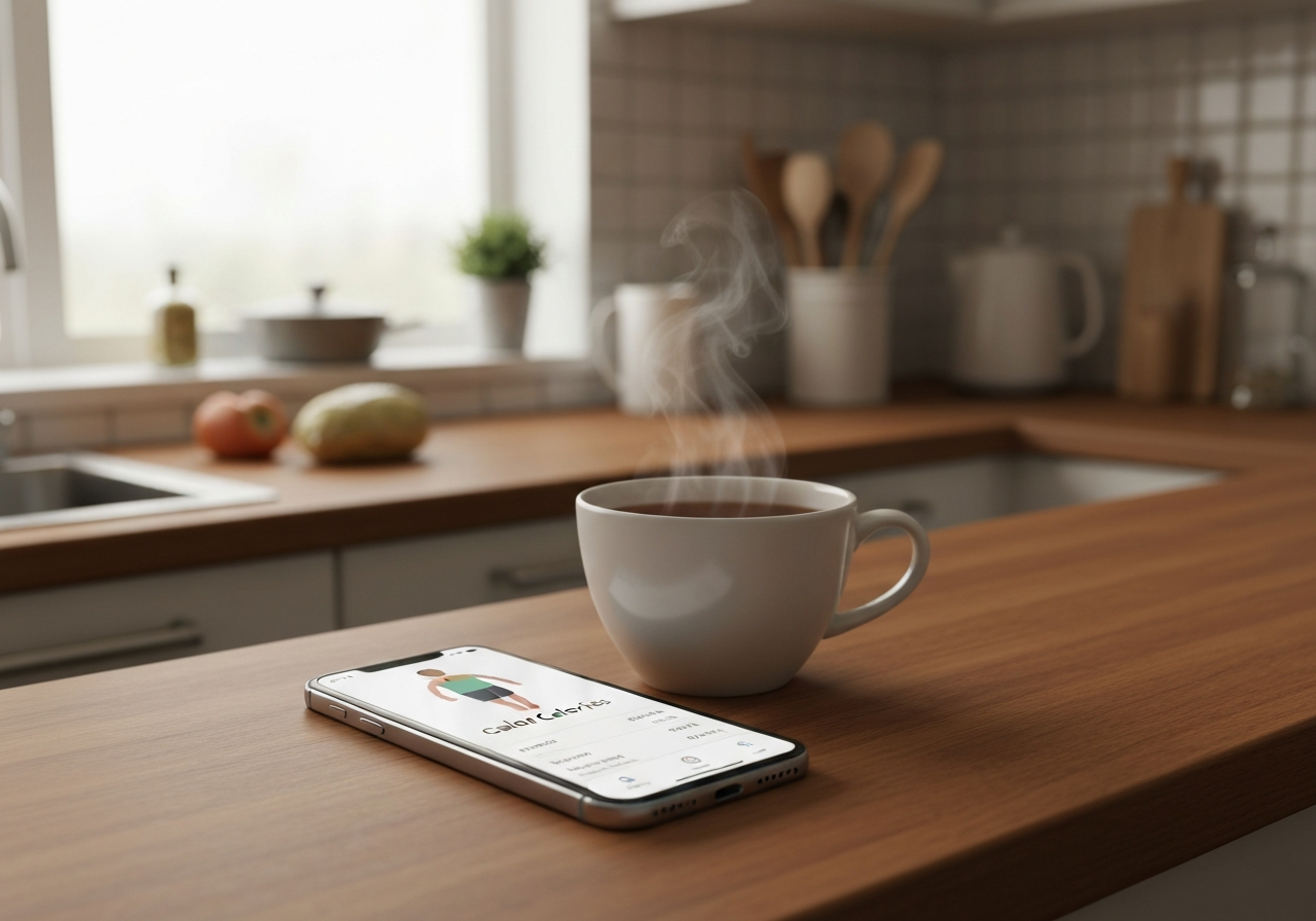Calorie tracking phone beside tea on a kitchen counter