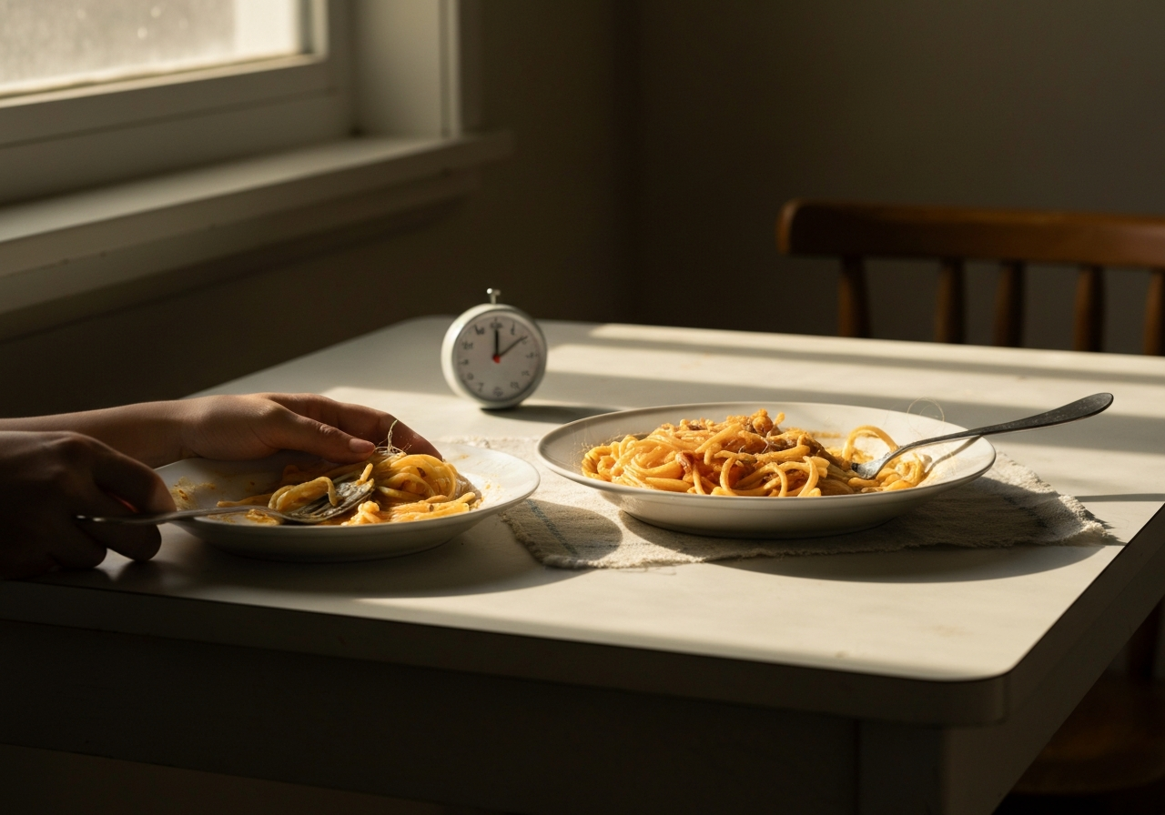 Simple table setting beside a half-finished meal
