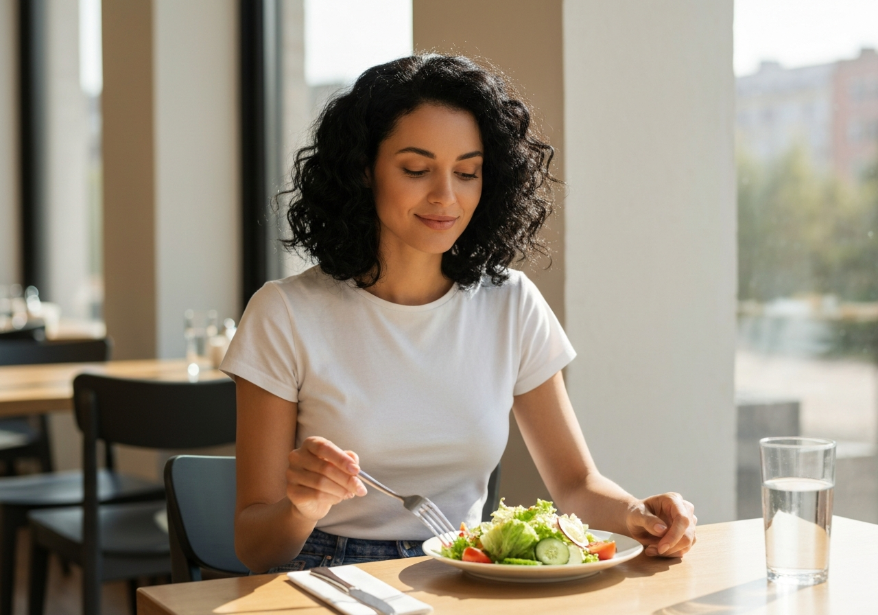 Woman calmly setting down her fork at lunch