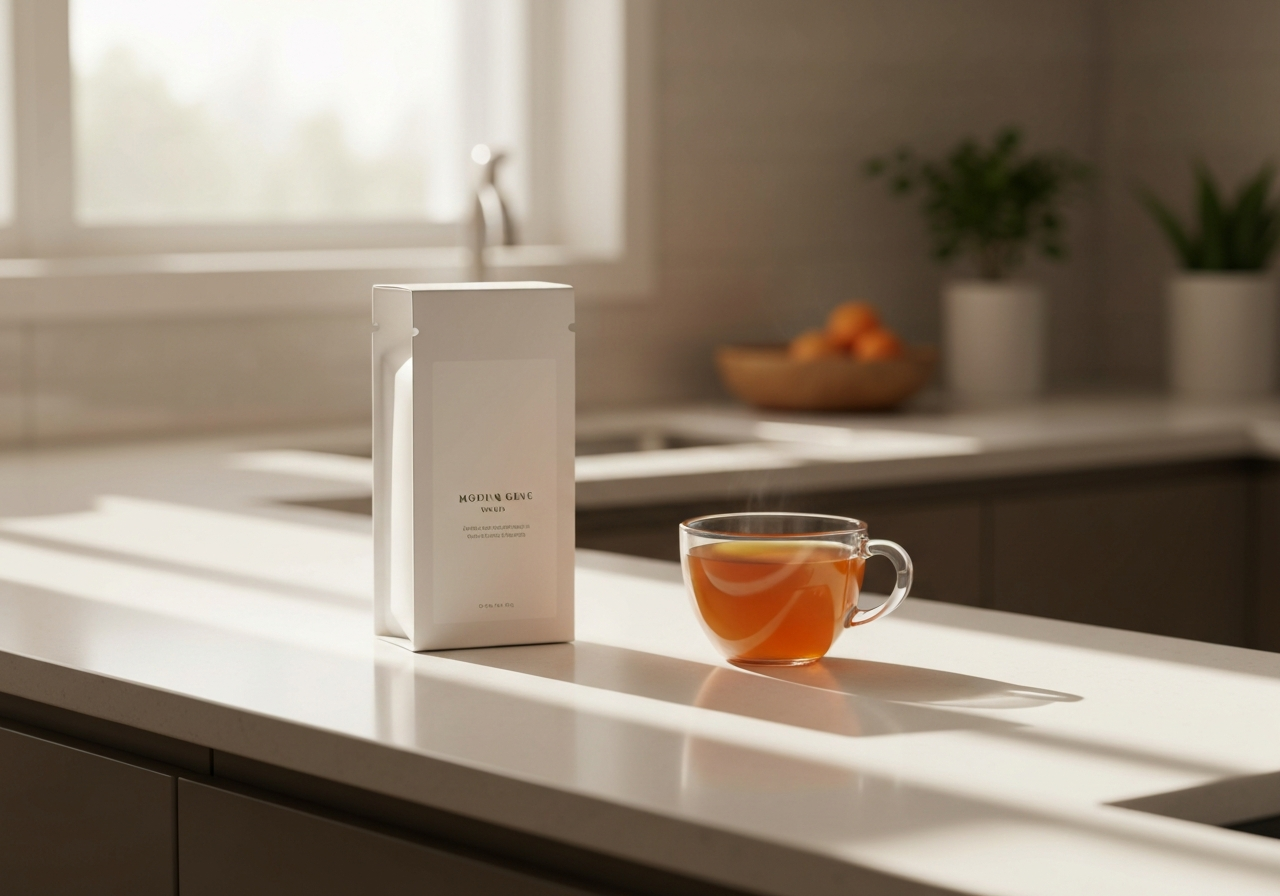 Wellness product package and morning tea on a clean counter